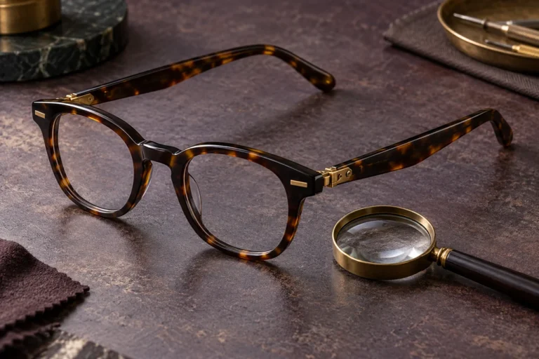 Tortoiseshell glasses and a magnifying loupe on a plum-grey inspection surface