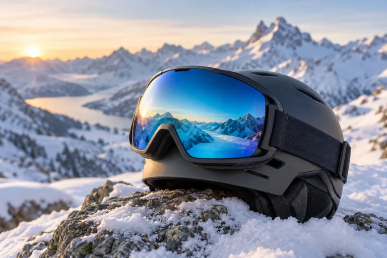 Snow goggles resting on a ski helmet against an alpine mountain backdrop