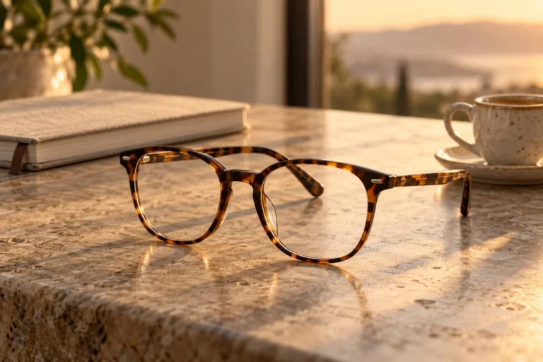 Tortoiseshell optical glasses beside a notebook and evening accessories