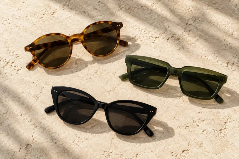 Three distinct sunglasses frame shapes arranged on a neutral surface