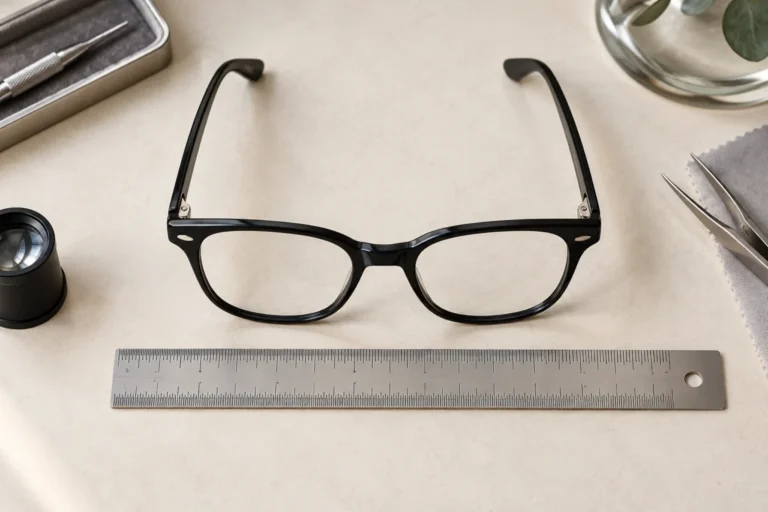 Optical glasses beside a metric ruler for checking frame size